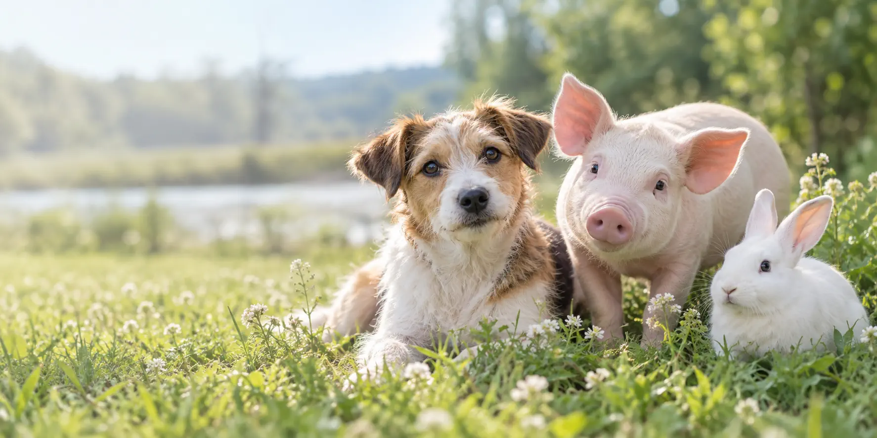 A dog, pig, and rabbit together in a sunlit meadow.